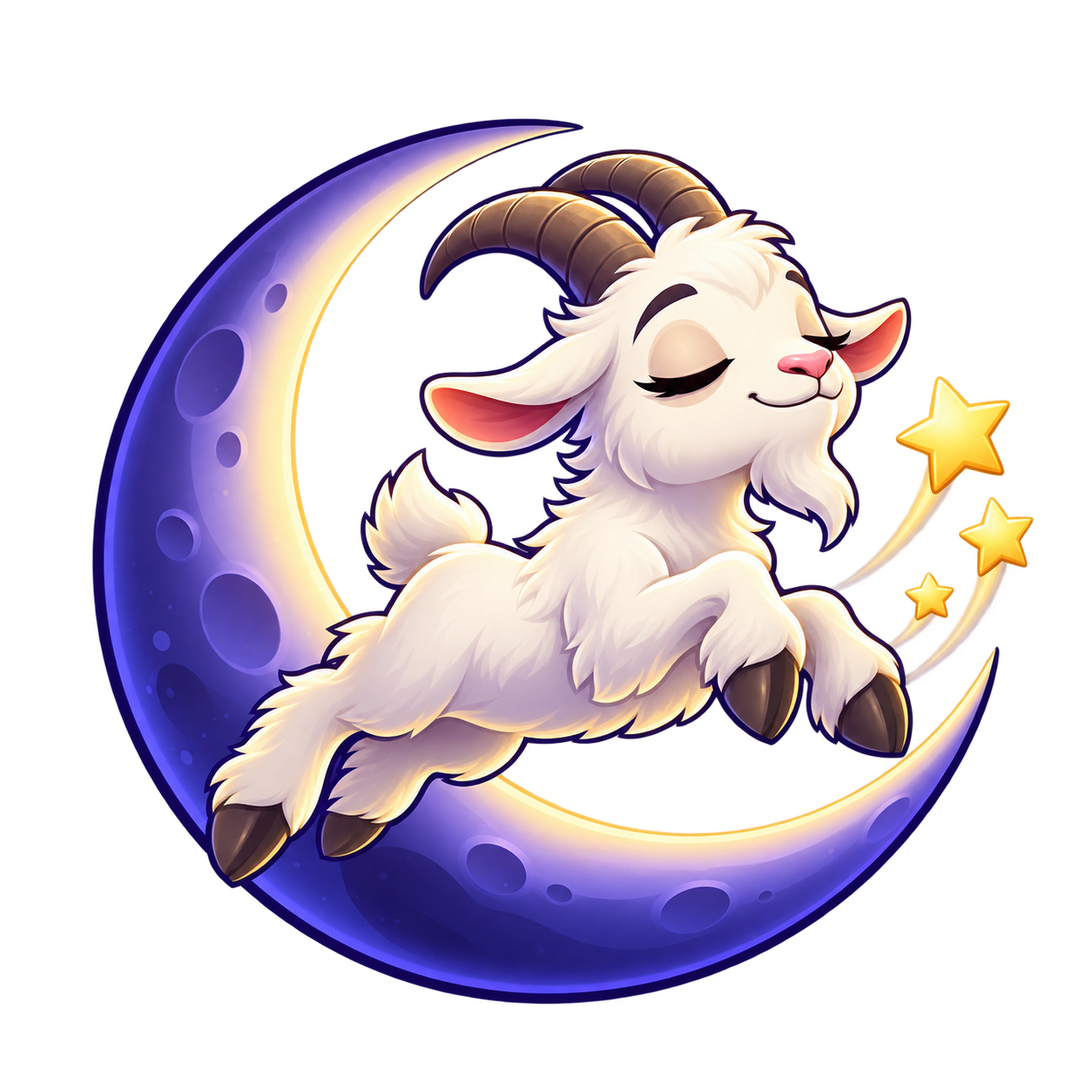 Mor ayın üzerinde uyuyan Sleepy Goat keçisi ve altın yıldızlar
